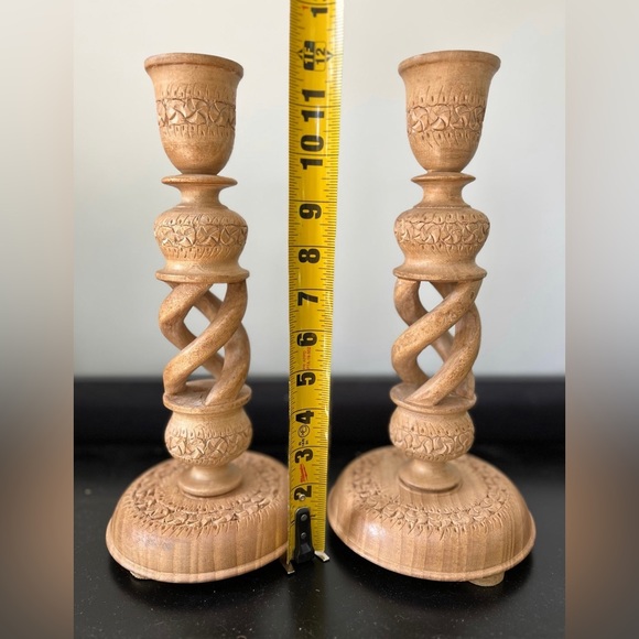 Wood carved pair of 12”candlestick holders decor natural wood - Picture 5 of 8